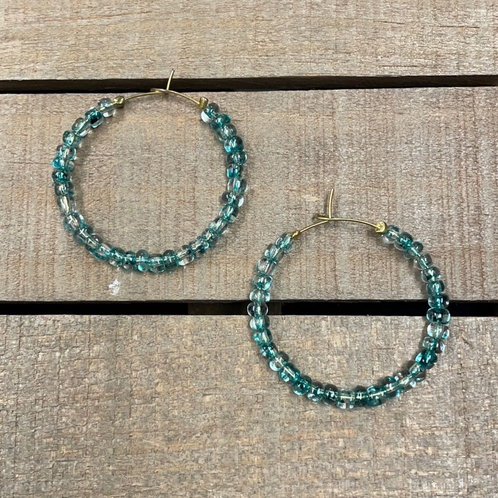 Beaded Teal and Gold Wire Hoops